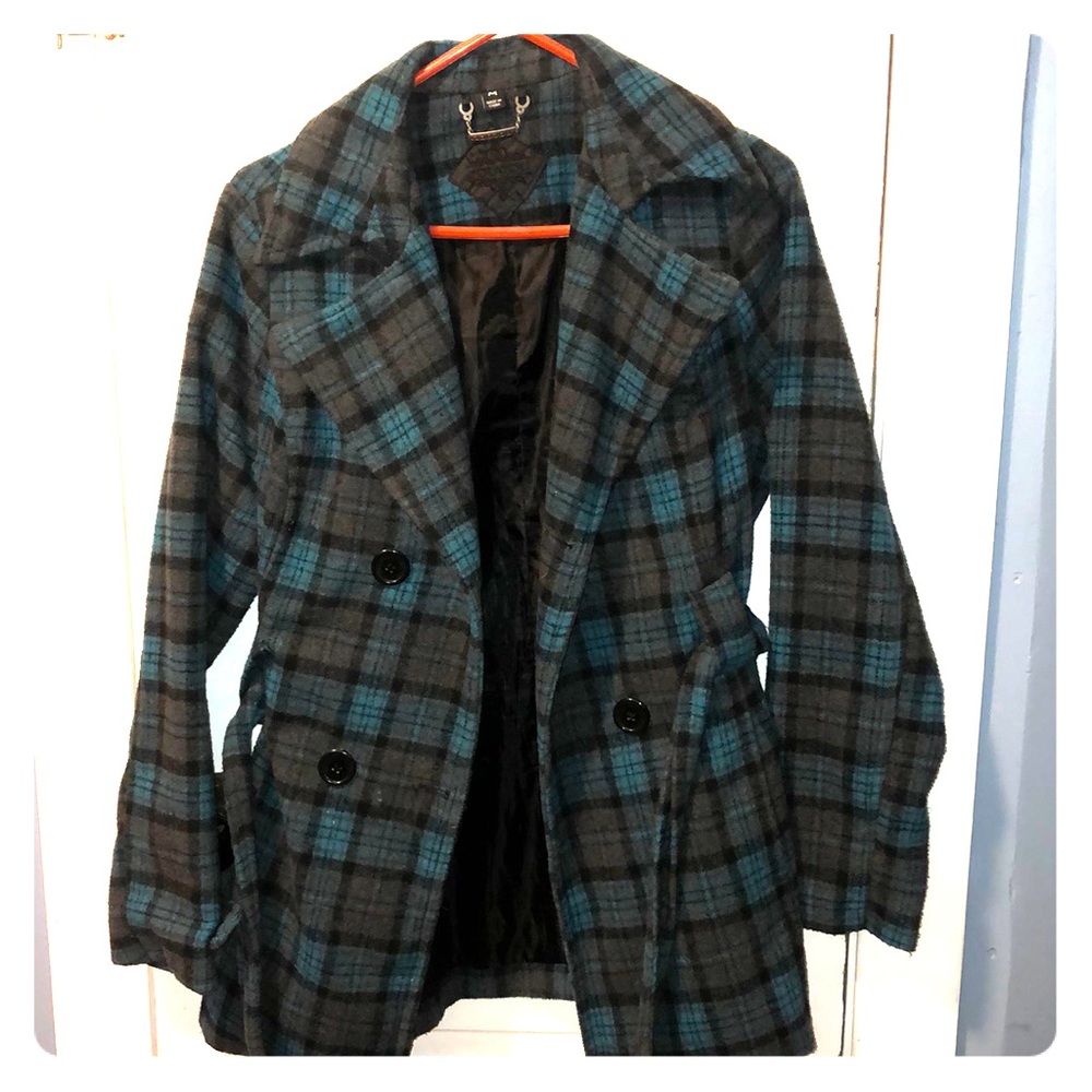 Gray/black/blue plaid pea coat